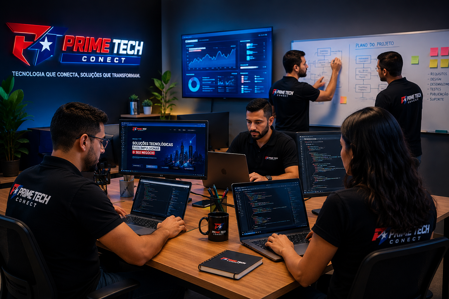 Equipe Prime Tech Connect trabalhando em soluções digitais